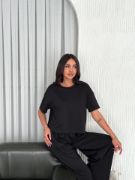 Osy Modal Yumuşak Dokulu Kumaş Bisiklet Yaka T-shirt Bol Paça Pantalon Ikili Takım -Siyah resmi